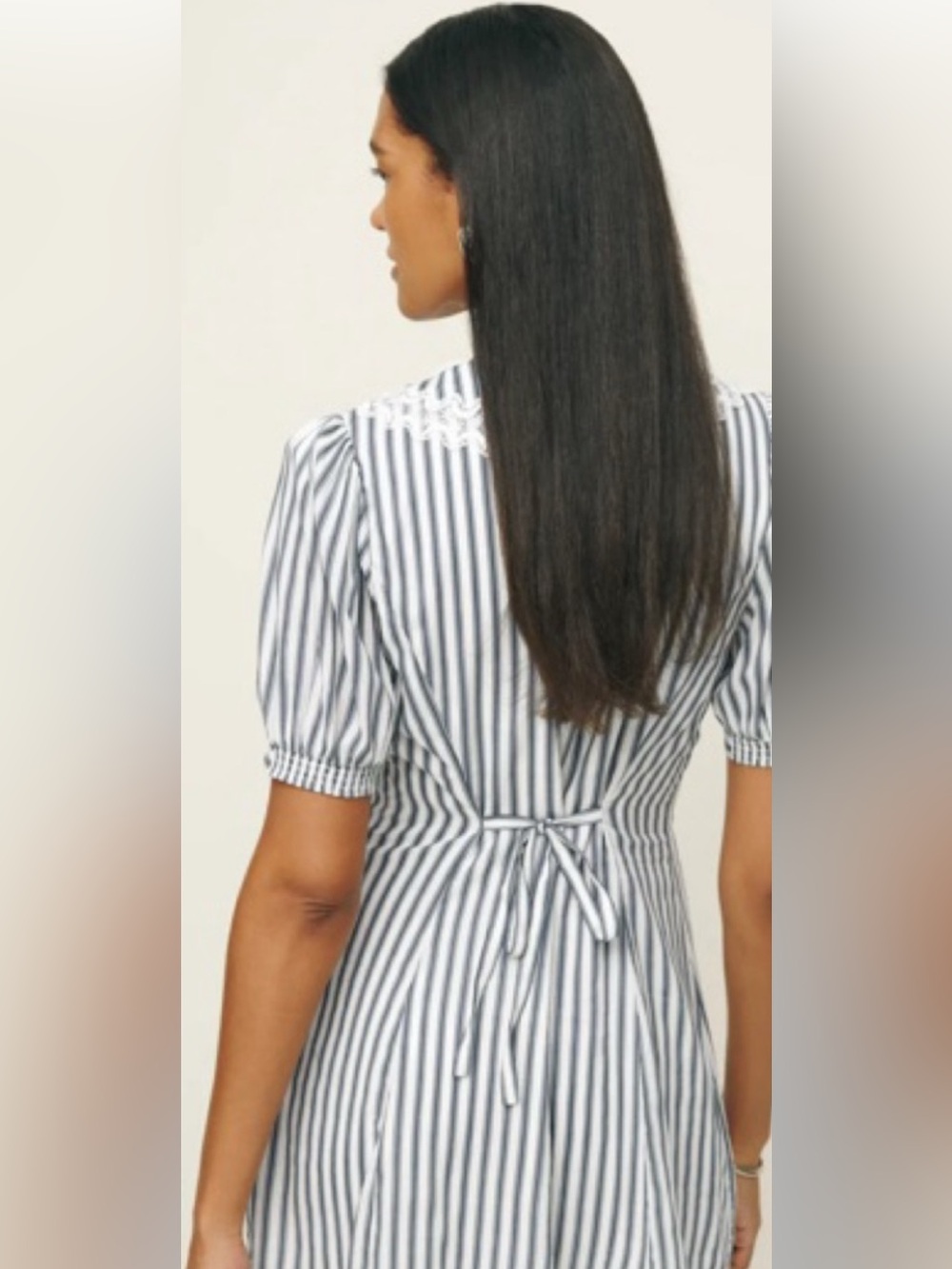 Reformation Nonie Mini Dress White W/Black Stripes Lace Collar Short Sleeves 6 ๐ - Picture 2 of 13